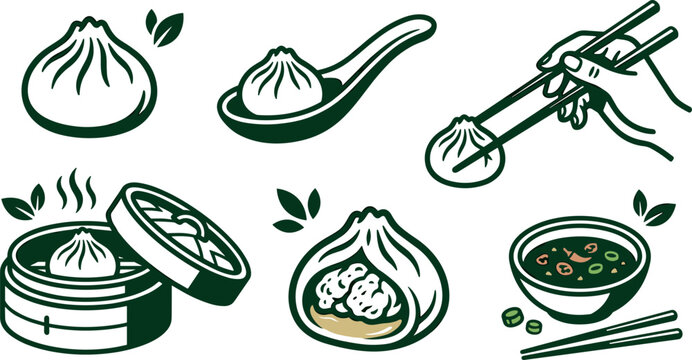 Set of handdrawn soup dumplings icons, baozi or dim sum illustrations with chopsticks, steamer basket, and dipping sauce