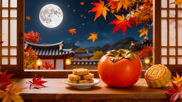 Traditional Korean Snacks and Persimmon on Windowsill During Mid-Autumn Festival