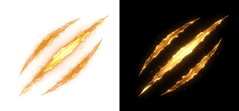 Golden claw scratch marks glow with three sharp slashes suited for PNG, Transparent and Black Background Versions in design