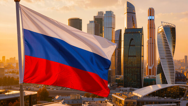 Russian Flag Waving in Front of Moscow City Skyline