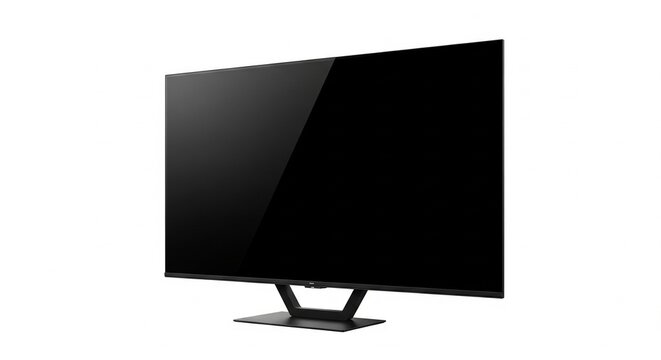 Modern black flat screen smart television display isolated on white background with sleek minimalist stand design for home theater