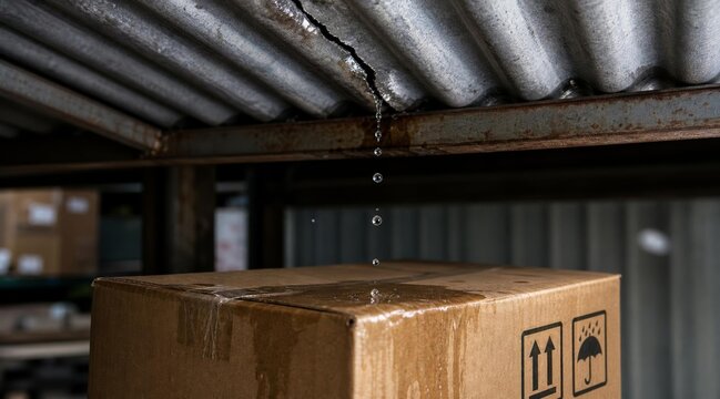 Water leaking from damaged corrugated metal roof onto cardboard box in warehouse.