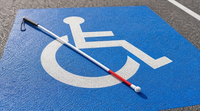 White cane for blind person on a blue wheelchair accessible parking sign.
