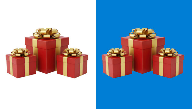 Three red gift boxes with gold ribbons isolated on transparent background