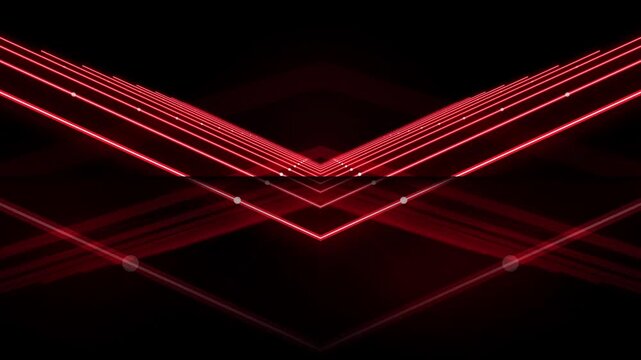 Symmetrical red neon lines forming a futuristic chevron pattern with glowing white dots moving through a dark cyber security digital tunnel