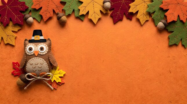 A charming thanksgiving scene featuring a delightful owl dressed for the holiday surrounded by vibrant autumn leaves and a warm inviting orange background creating