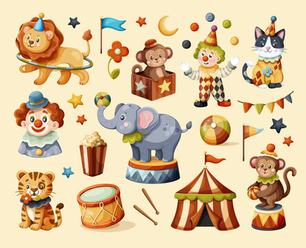 Cute circus animals and carnival elements set on a cream background. Colorful cartoon vector illustration for kids, parties, posters and packaging.