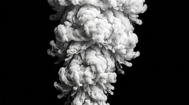 Dramatic white ink cloud in water, swirling monochromatic smoke texture, abstract liquid explosion on black background