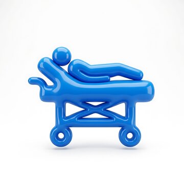 A glossy blue 3d icon of a patient lying on a hospital gurney isolated on white background