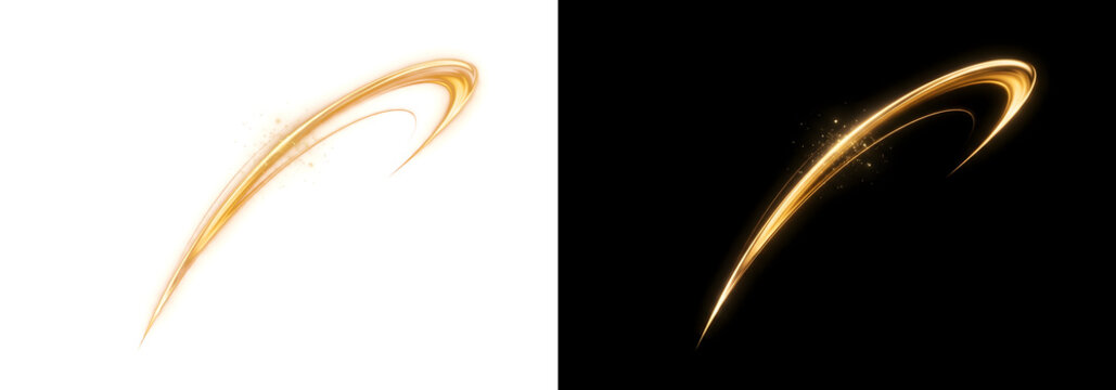 Golden swoosh light curve slashing sharply with glittering sparks ideal for sports and gaming logos in PNG, Transparent and Black Background Versions