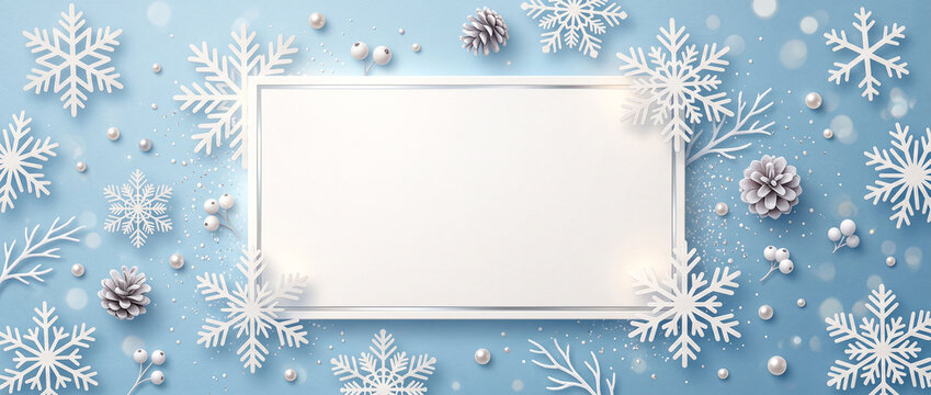 White empty frame surrounded by paper cut snowflakes and pine cones on blue background providing copy space for text for christmas and winter holiday celebration social media cover header design