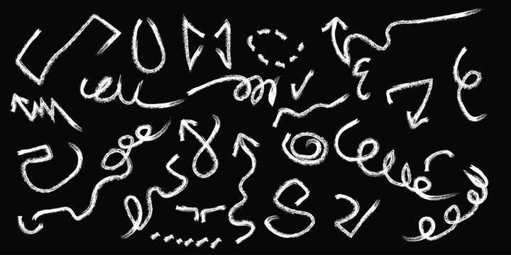 Abstract white hand drawn doodle shapes and squiggly lines isolated on a black background