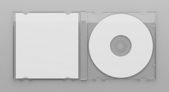 Open blank CD or DVD case with a white disc inside, studio photography, high-angle view, isolated on a light gray background.