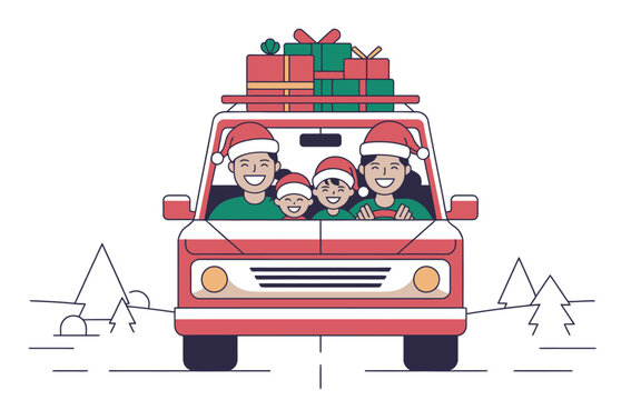 Family in santa hats driving a red car loaded with christmas gifts on winter