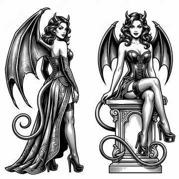 Fantasy devil woman shown in two poses, depicted as a fictional character in a detailed black-and-white scratchboard engraving style.