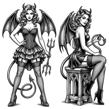 Fantasy devil woman shown in two poses, depicted as a fictional character in a detailed black-and-white scratchboard engraving style.