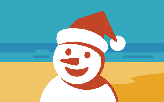 Happy snowman wearing a red santa hat standing on a sunny beach background