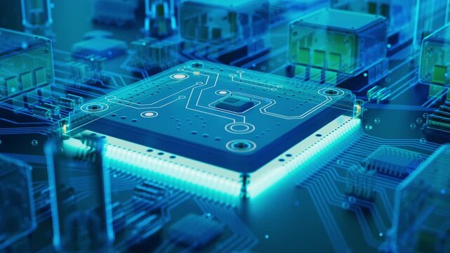 Detailed 3D animation of a futuristic computer chip with glowing circuitry, x-ray transparent hardware elements and advanced AI technology atmosphere.