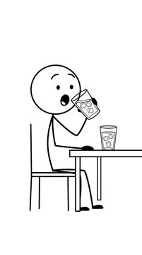 A stickman cartoon sitting on a chair and posing while drinking.