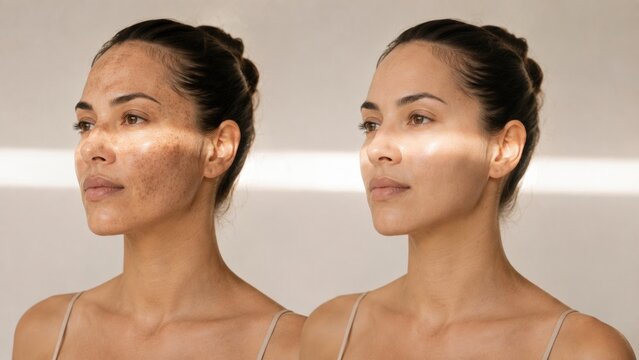 Side by side comparison of sun spot removal results for cosmetic skin rejuvenation and laser therapy.