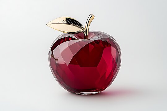 Faceted ruby red crystal apple with golden leaf.