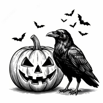Raven standing beside a carved jack-o-lantern pumpkin with bats flying in the background, rendered as a detailed black-and-white scratchboard engraving illustration.