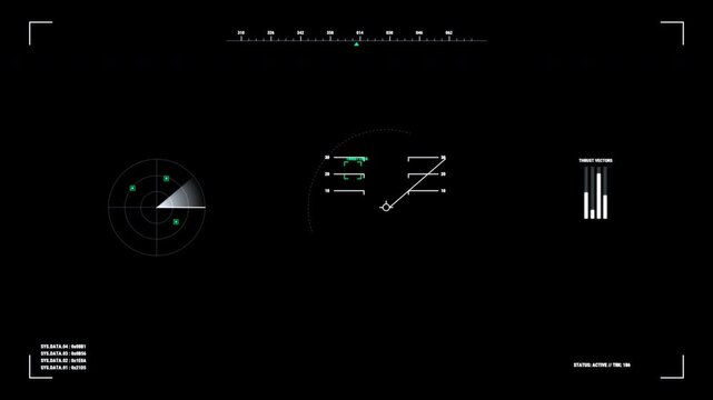 Aircraft flight head up display system showing radar tracking and target vectors on black background.