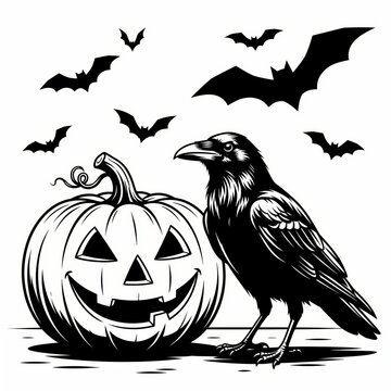 Raven standing beside a carved jack-o-lantern pumpkin with bats flying in the background, rendered as a detailed black-and-white scratchboard engraving illustration.