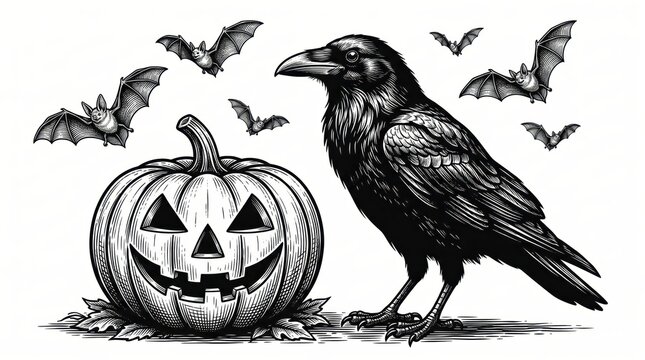 Raven standing beside a carved jack-o-lantern pumpkin with bats flying in the background, rendered as a detailed black-and-white scratchboard engraving illustration.