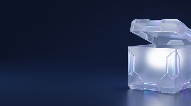 Futuristic glass treasure chest with neon blue accents and internal glow for gaming and tech rewards.