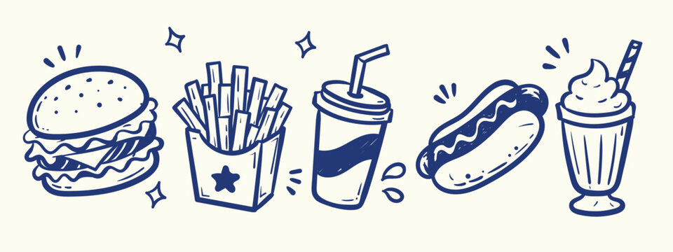 Fast Food Restaurant Doodle Collection, Naive Hand Drawn Food Elements with Fried Chicken, French Fries, Soda Cup, Burger and Takeaway Packaging Vector Illustration