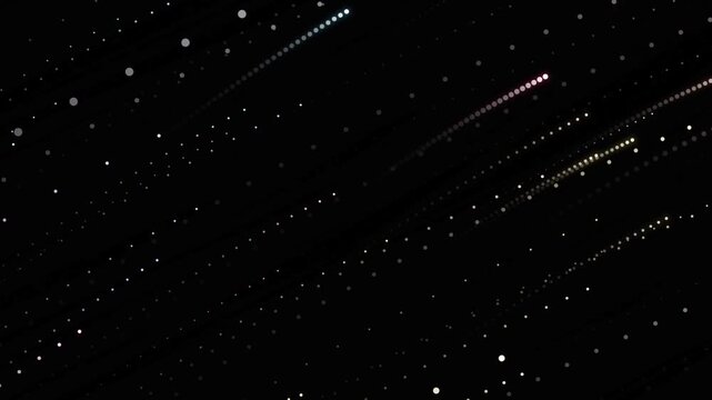 Abstract glowing neon lines and dotted particle trails moving diagonally across a dark space background for technology concept video loops
