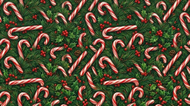 Christmas candy cane seamless pattern with holly leaves and berries
