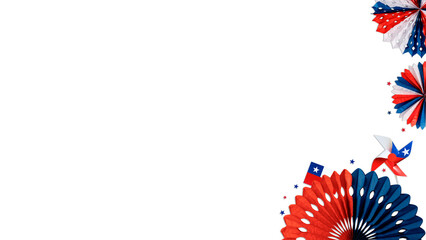 Obraz premium Chilean flag colored paper fan decorations and pinwheel on transparent background