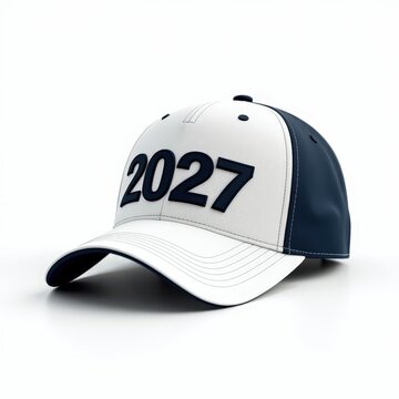 White and navy baseball cap with bold 2027 embroidery, modern headwear for sports, events, and fashion trends
