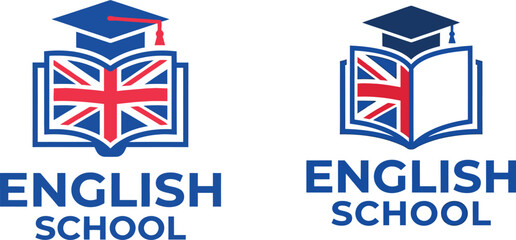 Obraz premium English school vector logo with graduation cap and UK flag