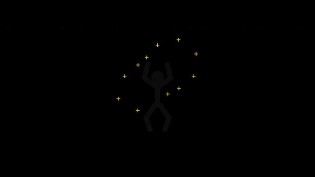 Minimalist stick figure dancing surrounded by glowing yellow particles on black background loopable motion graphics.