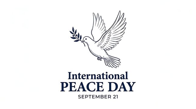 Minimalist black and white graphic design featuring a flying dove for the annual international peace day celebration