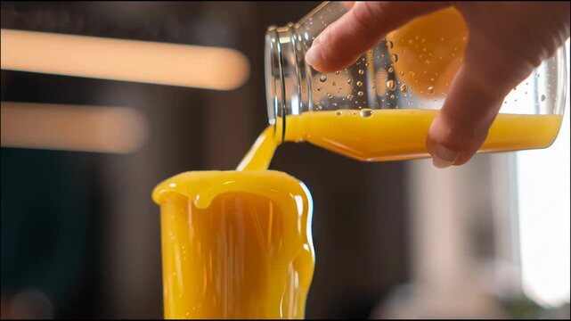 Freshly squeezed orange juice is poured from a glass pitcher into a clear glass in the kitchen. Close-up, bright, healthy breakfast. Concept of healthy eating, vitamins, and a refreshing morning drink