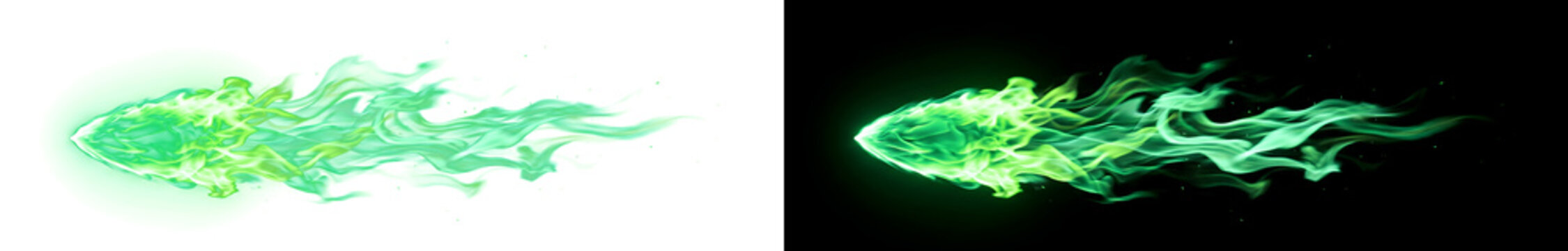 Fire Trail of bright green flame with a glowing tip featuring PNG, Transparent and Black Background Versions for design use