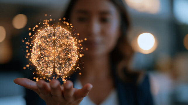 Close up of an AI engineer's hand interacting with a glowing digital neural network hologram and connected nodes, bright modern office, artificial intelligence concept, machine lea