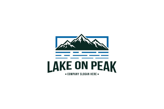 Mountain logo graphic design featuring snow peaks and water reflections with text typography isolated on a clean white background