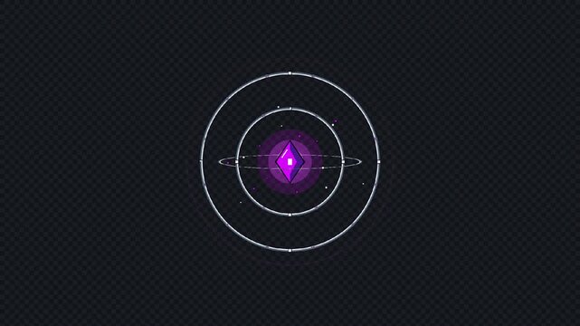 Retro 16-bit pixel art animation of an unstable void amethyst shadow mana core confined within a spinning platinum silver 3D gyroscope with glowing purple rune engravings and crackling void lightning 