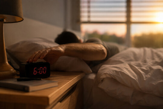 Una mano de hombre en la cama despertando a las seis de la ma&ntilde;ana junto al reloj despertador con luz de amanecer en la ventana