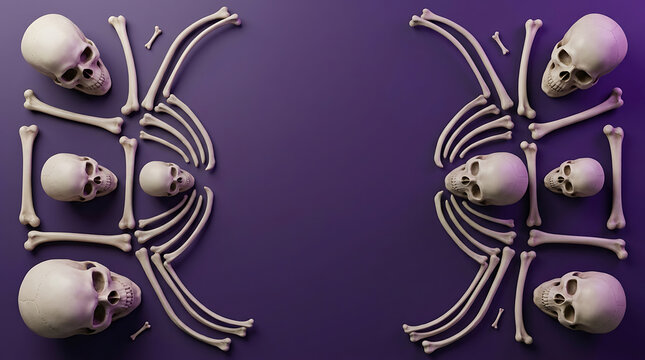 Halloween background with human skulls and bones arranged in a symmetrical frame on a dark purple flat lay surface