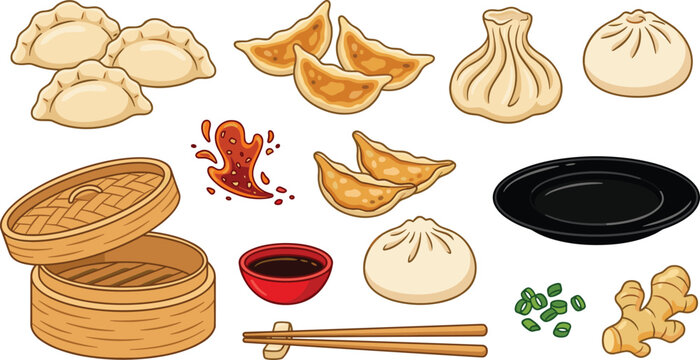 Chinese Dumpling and Dim Sum Vector Set with Bamboo Steamer Gyoza Bao Buns Chopsticks and Dipping Sauce Illustrations