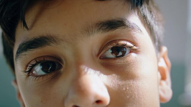 Recording camera starting, child reacting to lens, blinking and shifting gaze side-to-side at home