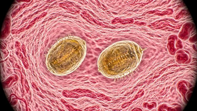 Schistosoma parasite eggs positioned within stable human tissue, the eggs maintain consistent oval shape, size and surface texture throughout the entire shot