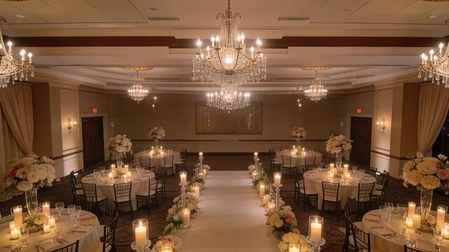 Pulling back camera revealing central chandelier and white aisle runner in ballroom, showing tables