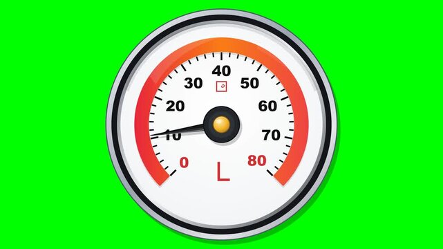 Flat vector instrument gauge like the reference on solid chroma green background: layered chrome rim with highlights and bevel shadows, black ring, white dial with inner shading, red-to-orange gradien